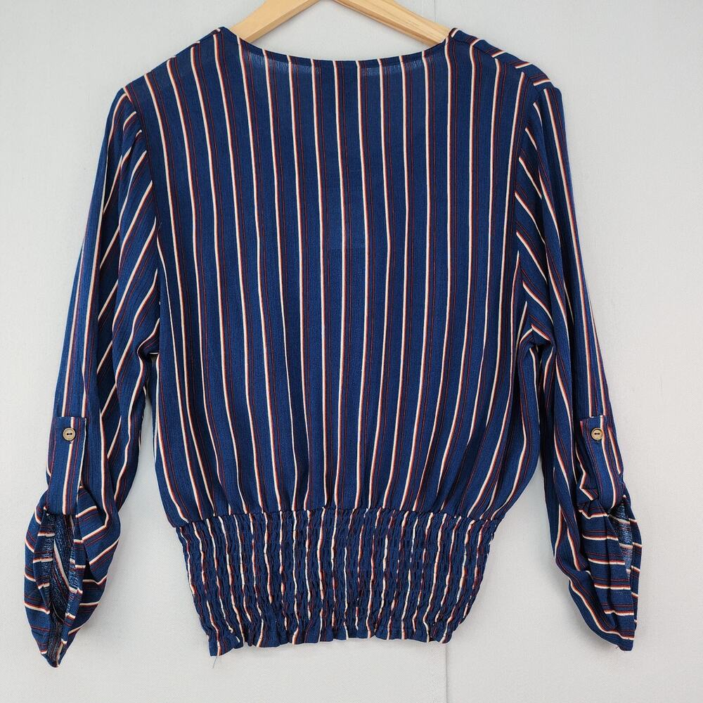 NWT Rue 21 Juniors Blouse Medium Blue Striped V Neck Long Sleeve Cropped Top - Picture 6 of 12